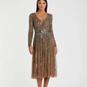 MAC DUGGAL 5528 LONG SLEEVE TEA LENGTH DARK TAUPE MIDI DRESS sz 18